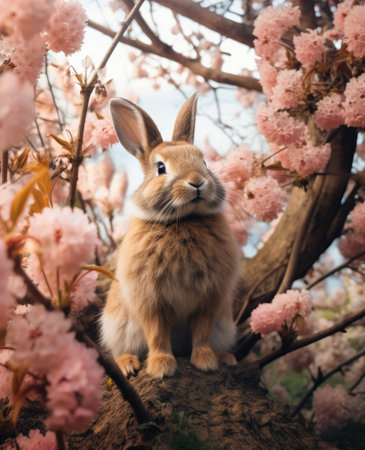 a rabbit sitting on a tree with pink flowersの素材