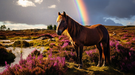 a horse standing in a field with a rainbow in the backgroundの素材