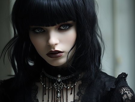 a woman with black hair and black makeupの素材