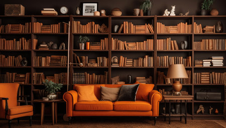 a couch and bookshelves with a black wallの素材