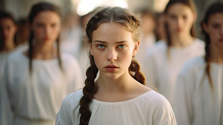 a girl with braided hair and a group of people behind herの素材