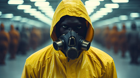 a man wearing a yellow raincoat and gas maskの素材