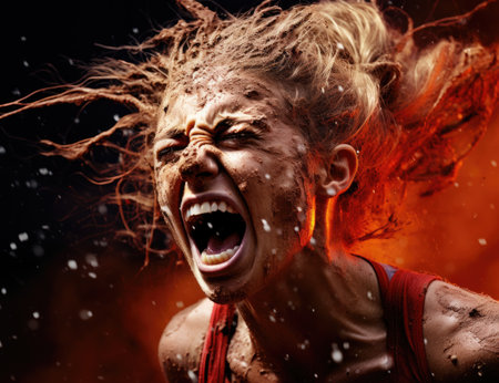 a woman screaming with dirt on her faceの素材