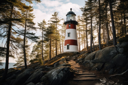 a lighthouse on a rocky hill surrounded by trees