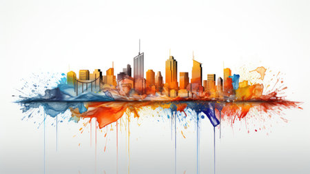 a colorful city skyline with watercolor splashesの素材