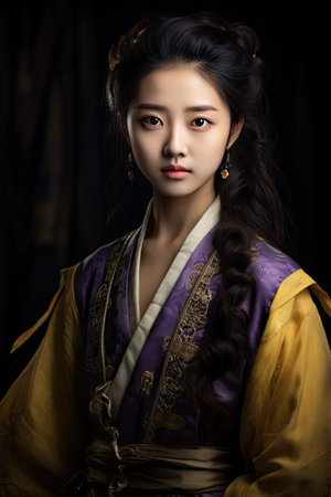 a woman in a purple and yellow robeの素材