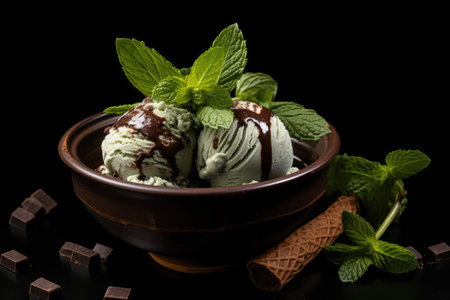 a bowl of ice cream with mint leaves and chocolate sauceの素材