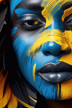 a woman with blue and yellow paint on her faceの素材