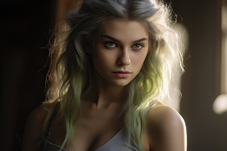 a woman with long hair looking at the cameraの素材