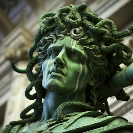 a green statue of a man with a head of medusaの素材