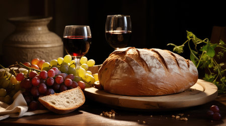 a bread and grapes on a tableの素材