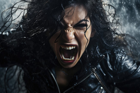 a woman screaming with wet hairの素材