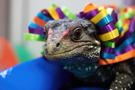 a lizard with colorful ribbons around its neckの素材