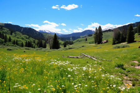 a field of flowers and treesの素材
