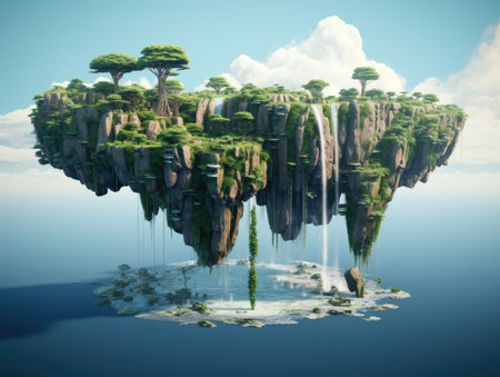 a floating island with trees and a waterfallの素材
