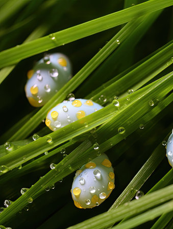 eggs on grass with water dropsの素材