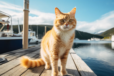 a cat standing on a dockの素材