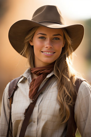 a woman wearing a cowboy hatの素材