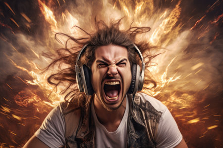 a man with headphones screamingの素材