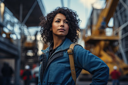a woman with curly hair wearing a blue jacketの素材