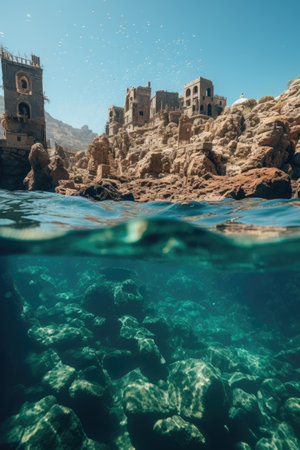 a building on a rocky shoreの素材