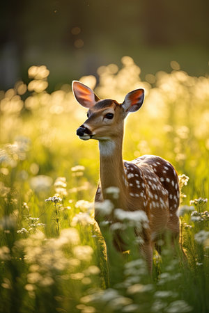 a deer in a field of flowersの素材