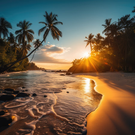 a beach with palm trees and waterの素材