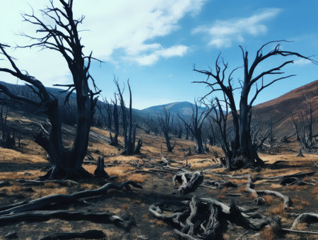 a burned trees in a fieldの素材