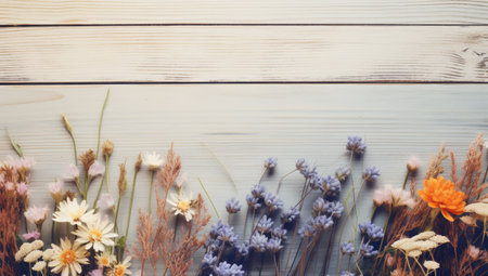 a group of flowers on a wood surfaceの素材