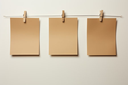 a group of brown paper with clothespins attached to a stringの素材