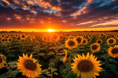 a field of sunflowers at sunsetの素材