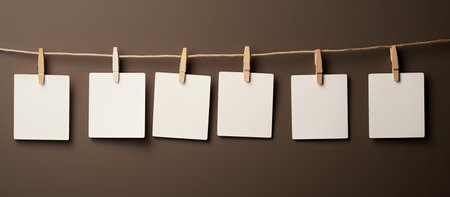 a group of white cards with clothespins on a stringの素材