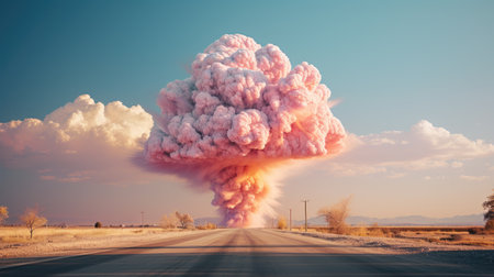 a large cloud of pink smoke on a roadの素材