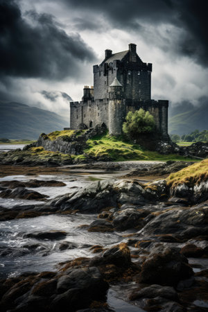 a castle on a rocky island with Eilean Donan in the backgroundの素材