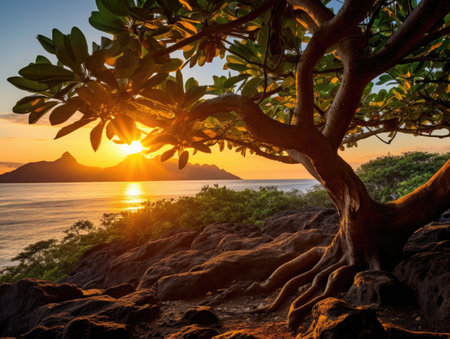 a tree with a sunset behind itの素材