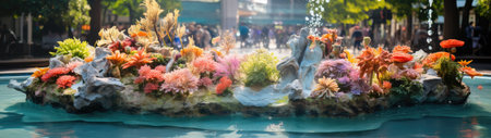 a water fountain with colorful flowersの素材