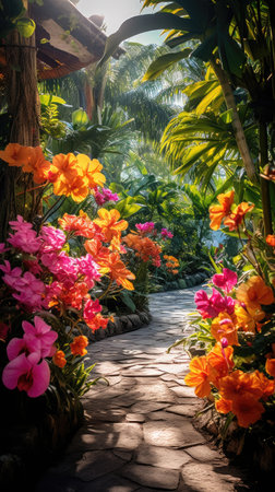 a path with flowers and plantsの素材