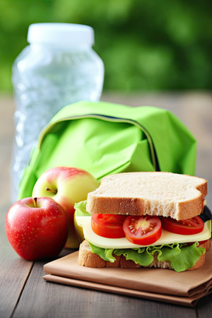 a sandwich with tomatoes and cheese and apples next to a green bagの素材