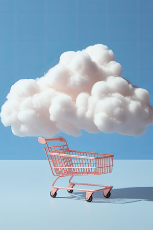 a pink shopping cart with a white cloud in the skyの素材