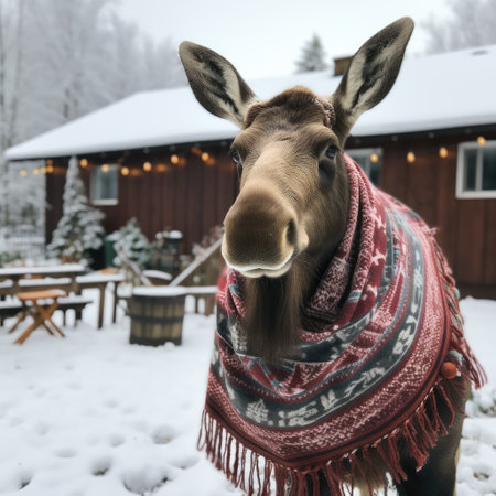 a moose wearing a blanket in the snowの素材