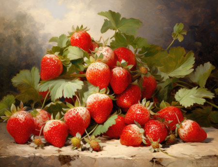 a group of strawberries with leavesの素材