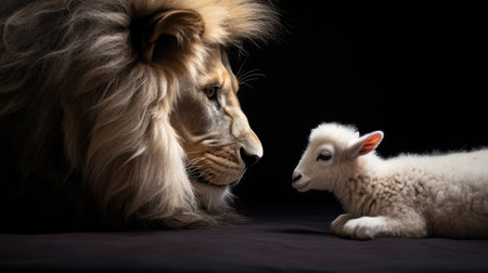 a lion and lamb looking at each otherの素材