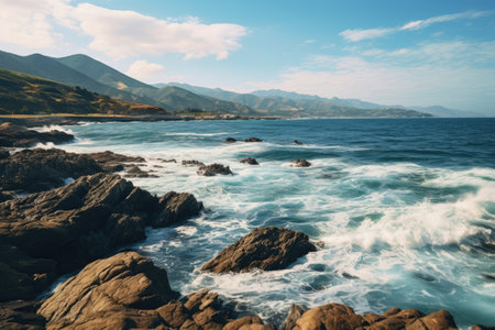 a rocky beach with waves crashing on the rocksの素材