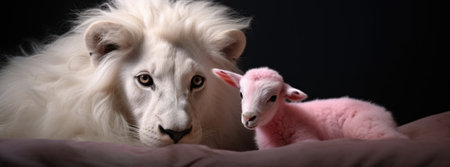 a white lion and a baby lambの素材