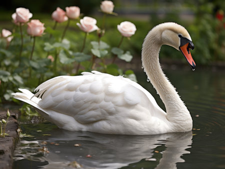 a white swan swimming in waterの素材