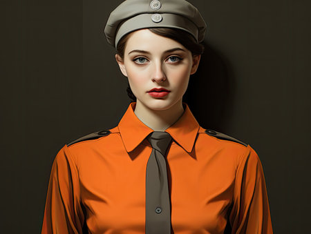 a woman in an orange shirt and hatの素材