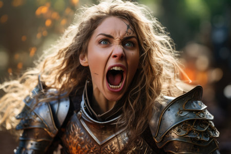 a woman in armor with her mouth openの素材