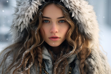 a woman wearing a fur hoodの素材