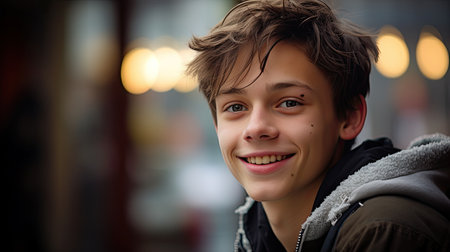 a boy smiling at the cameraの素材