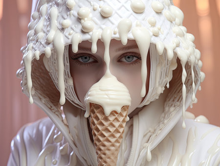 a woman wearing a white hoodie covered in ice creamの素材